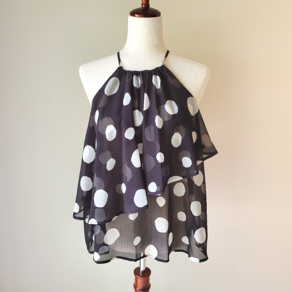 Who What Wear Black And White Polka Dot Ruffle Sheer Going Out Top Medium